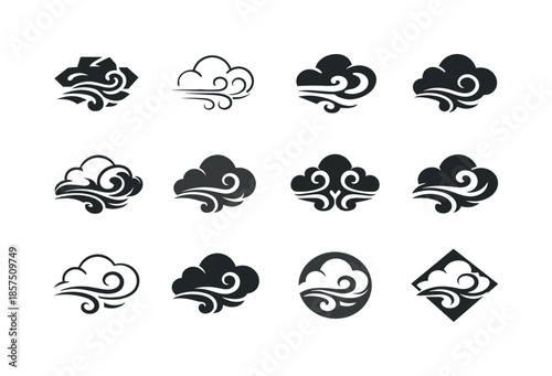 Stormy Clouds Icons. stormy clouds. Icon set. Set Logo of stormy clouds: swirling wind. harmonious logo variations of the same emblematic concept, each with