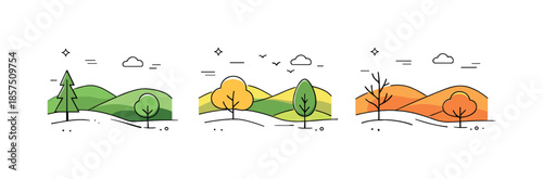 Tranquil Landscape Transformation. Changing landscape. Hills and trees subtly changing color and shape, suggesting a smooth natural transition. Soft,