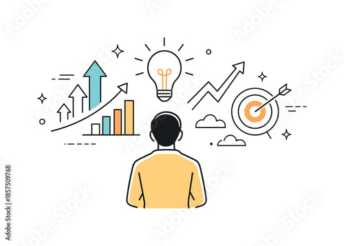 Future Vision Icons. Vision of the future. Individual looking ahead at abstract symbols of progress like arrows, lightbulbs, and rising lines. Quiet optimism