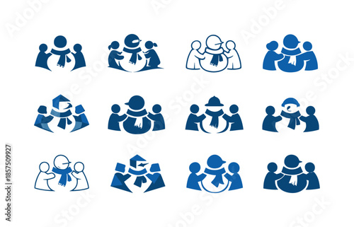 Snowman Contest Icons. Snowman-building contest and snow activities. Icon set. Set Logo of Snowman-building contest and snow activities: scarf