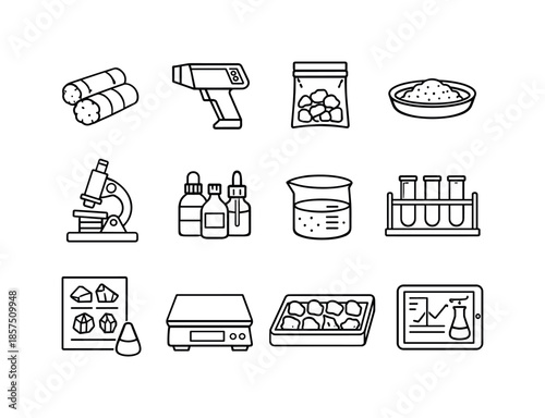 Ore Analysis Icons. Ore sampling and analysis. Line icon set of Ore sampling and analysis: rock core sample, handheld analyzer, sample bag, assay dish,