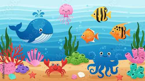 Vibrant Vector Illustration of Marine Life Underwater Scene Featuring Whale, Fish, and Crustaceans in Colorful Ocean Environment from Top-Down Viewpoint