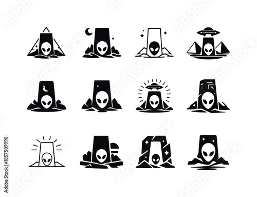 Alien Monolith Icons. The search for ancient extraterrestrial life. Icon set. Set Logo of the search for ancient extraterrestrial life: alien monolith.