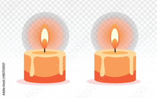 Two glowing orange candles with realistic melting wax on a transparent background. Flat illustration ideal for holiday décor, religious ceremonies, cozy atmospheres, and festive branding.