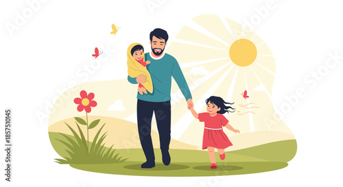 A loving father spends quality time outdoors with his two happy daughters, including a newborn baby and an older girl, on a bright sunny day.