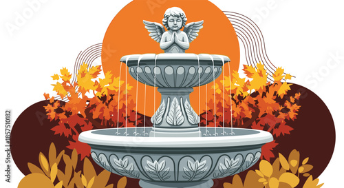 Serene stone fountain with a praying cherub statue, surrounded by vibrant autumn leaves and abstract shapes.