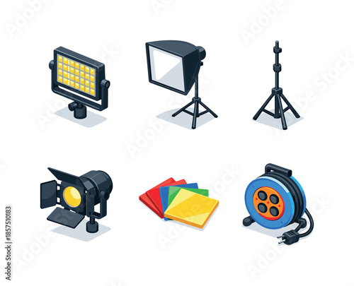 Isometric Lighting Icons. Lighting equipment. Isometric flat vector icons set of lighting equipment: LED panel light, softbox, light stand, barn doors lamp,