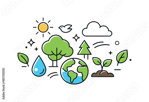 Nature Care Icons. Nature care icons. Simple symbols of trees, leaves, water drops and earth elements arranged in harmony. Environmental awareness, protection