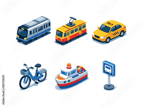 Isometric City Transport Icons. City Transport. Isometric flat vector icons set of City Transport: subway train, tram car, city taxi, rental bicycle, ferry