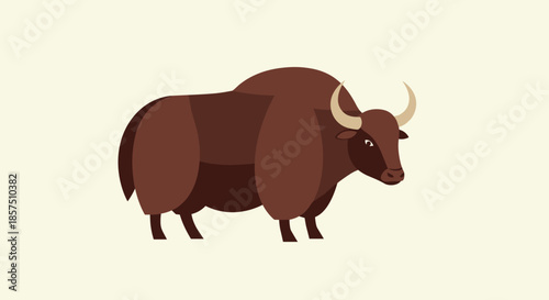 A brown yak with a thick coat and curved horns stands still, depicted in a simple, flat vector illustration style.