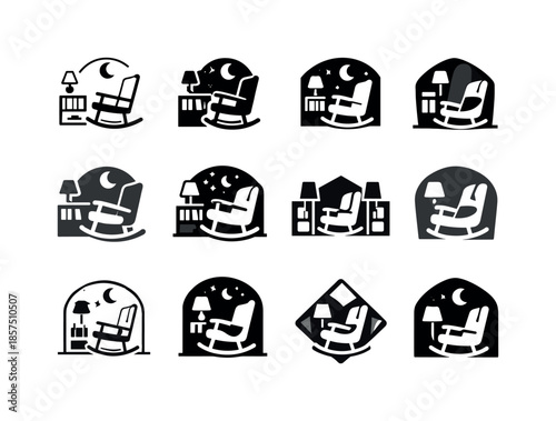 Nursery Rocking Chair Logos. A comfortable rocking chair in a nursery or reading room. Icon set. Set Logo of a comfortable rocking chair in a nursery or