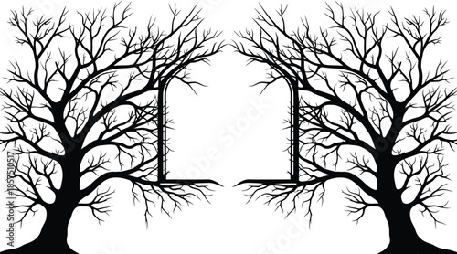Bare trees frame empty archway in stark silhouette