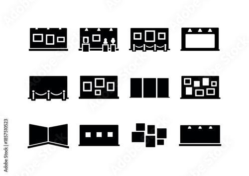 Iconic Gallery Walls. Gallery Walls. Solid icon set of Gallery Walls: art gallery wall, exhibition wall, museum wall, blank display wall, gallery interior