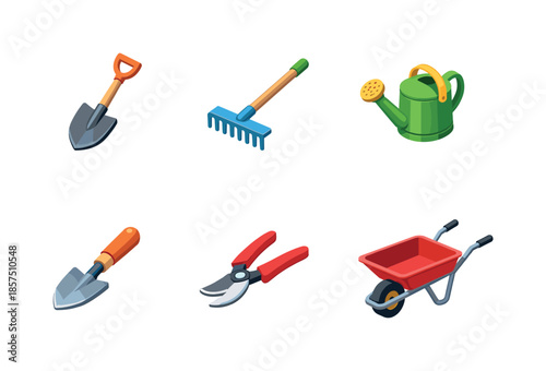 Colorful Gardening Tools Icons. Gardening Tools. Isometric flat vector icons set of Gardening Tools: shovel, garden rake, watering can, hand trowel, pruning