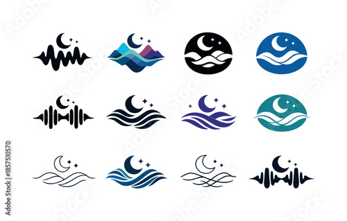 Relaxing Sound Logos. Relaxing sounds for sleep. Icon set. Set Logo of relaxing sounds for sleep: melodic wave pattern. harmonious logo variations of the same