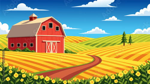 Rural Landscape Vector Illustration Featuring Barn, Field, and Sunny Sky