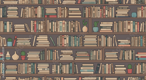 Seamless pattern of a cozy illustrated bookshelf filled with various books, potted plants, and decorative vases, creating a charming background.