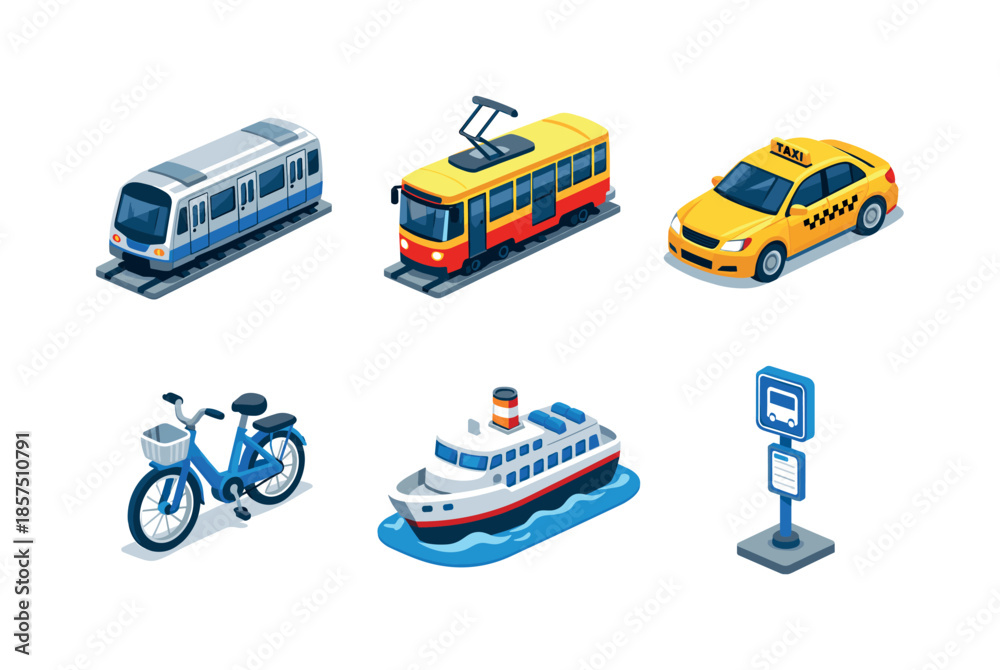 Naklejka premium Isometric City Transport Icons. City Transport. Isometric flat vector icons set of City Transport: subway train, tram car, city taxi, rental bicycle, ferry