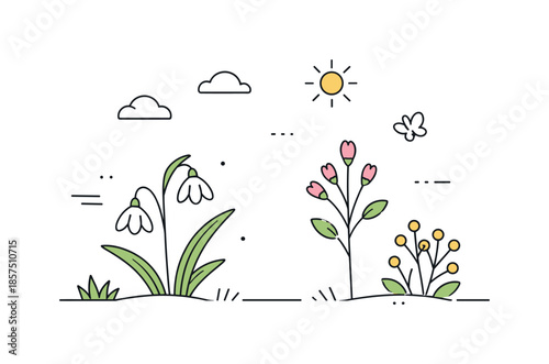 Gentle Spring Awakening. Minimal spring atmosphere. A simple composition showing barely blooming plants and soft seasonal light, suggesting the gentle arrival