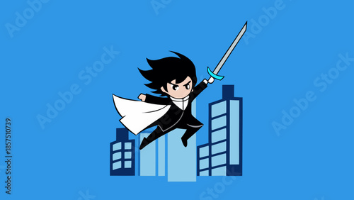 A stylish cartoon illustration of a heroic character in a suit and cape leaping over a modern city skyline holding a sword