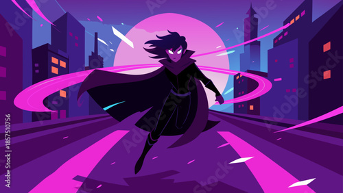 Dynamic illustration of a mysterious figure with glowing eyes and flowing cape running fast through a neon purple futuristic city skyline