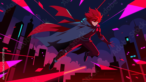 Dynamic illustration of a red-haired superhero flying above a futuristic cityscape at night with vibrant neon lights and action effects
