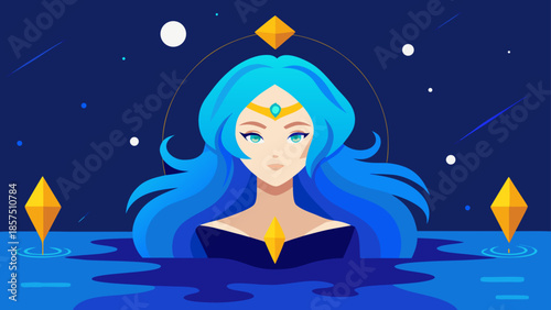 Mystical illustration of a beautiful goddess with long blue hair emerging from the water beneath a sparkling night sky full of stars