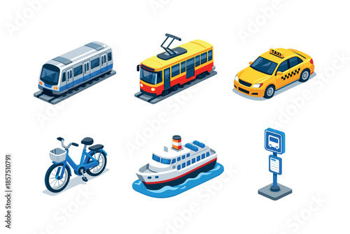 Isometric City Transport Icons. City Transport. Isometric flat vector icons set of City Transport: subway train, tram car, city taxi, rental bicycle, ferry