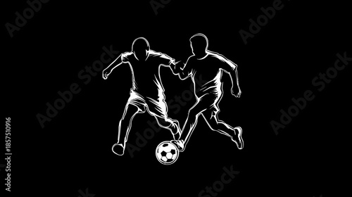 Dynamic soccer players in action illustration, two athletic silhouettes competing for the football, intense sports competition