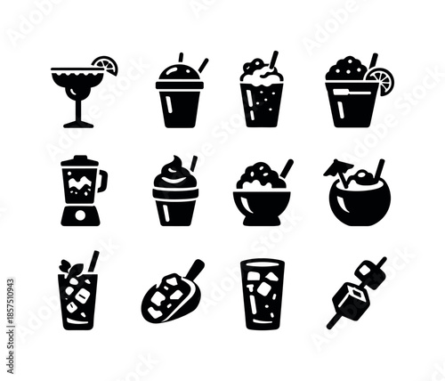 Frozen Drinks Icons. Frozen party drinks. Solid icon set of frozen party drinks: frozen margarita, slush cup, blended berry drink, frozen lemonade, ice