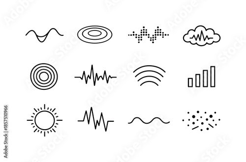 Abstract Sound Icons. Abstract shapes and colors representing sound. Line icon set of abstract shapes and colors representing sound: wave crest, tonal ripple,