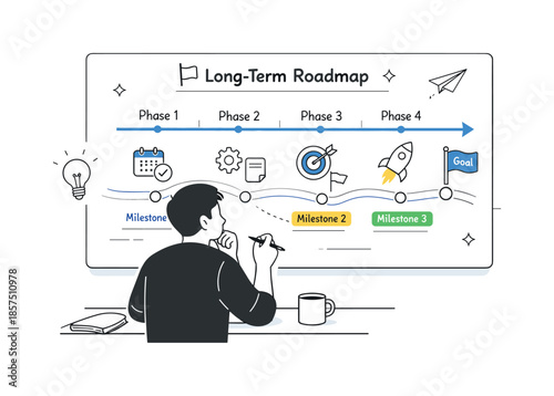 Strategic Roadmap Analysis. Strategic planning session. A person reviewing a long-term roadmap on a digital board. Focused work and thoughtful decision-making,