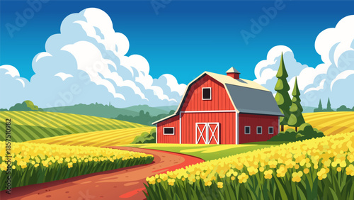 A vector illustration of a red barn with farm fields and trees under a blue sky with white clouds