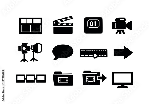 3D Storyboard Icons. 3D presentation storyboard. Solid icon set of 3D presentation storyboard: storyboard frame, scene marker, shot number, camera angle icon,