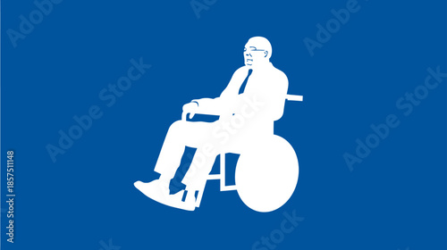 Accessibility symbol of a person with disability in a wheelchair, graphic silhouette illustration on a blue background, representing inclusion and mobility.