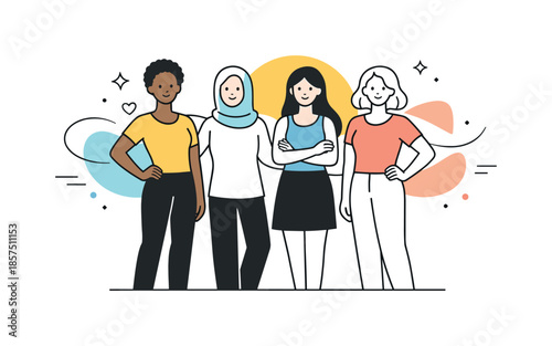 Diverse Sisterhood Unity. Sisterhood and unity. Diverse women linked by gentle lines or abstract shapes, standing confidently side by side. The mood emphasizes