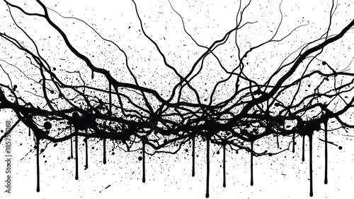 Dramatic black ink splatters on white background