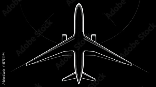 Abstract white outline of a jet airplane on a black background, top view. Modern aviation technology and travel design concept.