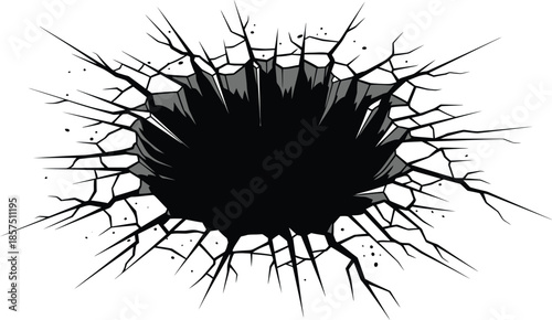 Dramatic cracked hole in wall with sharp edges and debris