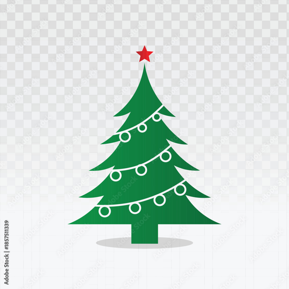 Fototapeta premium Green Christmas tree icon with a red star topper and white string lights. Festive illustration perfect for holiday branding, winter greeting cards, seasonal promotions, and December events.