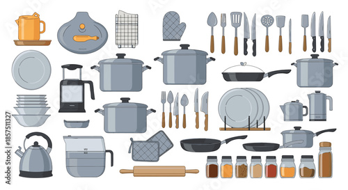 A comprehensive collection of kitchenware, cooking utensils, and various spices arranged neatly on a white background, perfect for culinary projects.