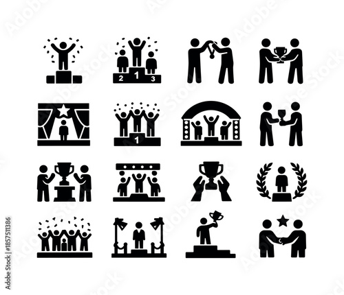 Award Icons Collection. Award Ceremony. Solid icon set of Award Ceremony: podium celebration, winners podium, medal ceremony, trophy presentation, award stage,