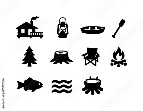 Lake Cabin Icons. Lake cabin. Solid icon set of lake cabin: cabin silhouette, chimney, wooden deck, lantern, rowboat, paddle, pine tree, stump, camp chair,