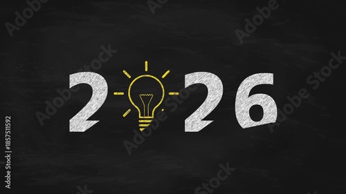 2026 Chalk Write-on Animation on Blackboard With Yellow Light Bulb Symbol