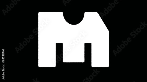 Minimalist white abstract letter M symbol with cut-out on black background, graphic design element, clean modern icon.