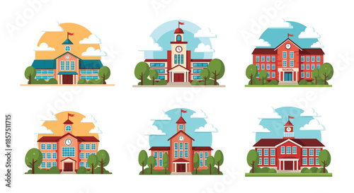 A vibrant collection of diverse school building illustrations, featuring traditional architecture, clock towers, and lush trees under cloudy skies.