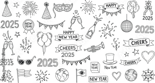 Happy New Year 2025 celebration icons and symbols