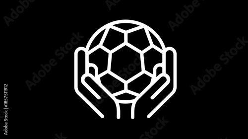 White outline icon of hands cradling a polygonal soccer ball on a black background, symbolizing global sport, teamwork, and competition.