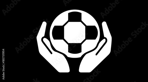White flat icon of human hands holding a soccer or football, symbolizing sport care, teamwork, protection, and community engagement.