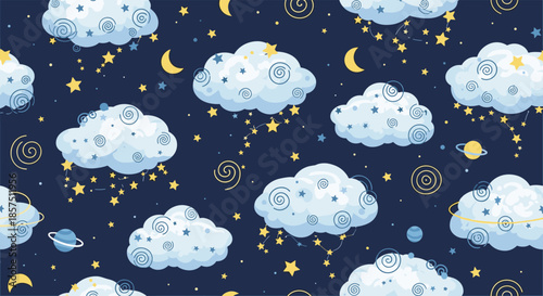 Dreamy night sky seamless pattern featuring soft clouds, twinkling stars, golden moons, and colorful planets for charming designs.